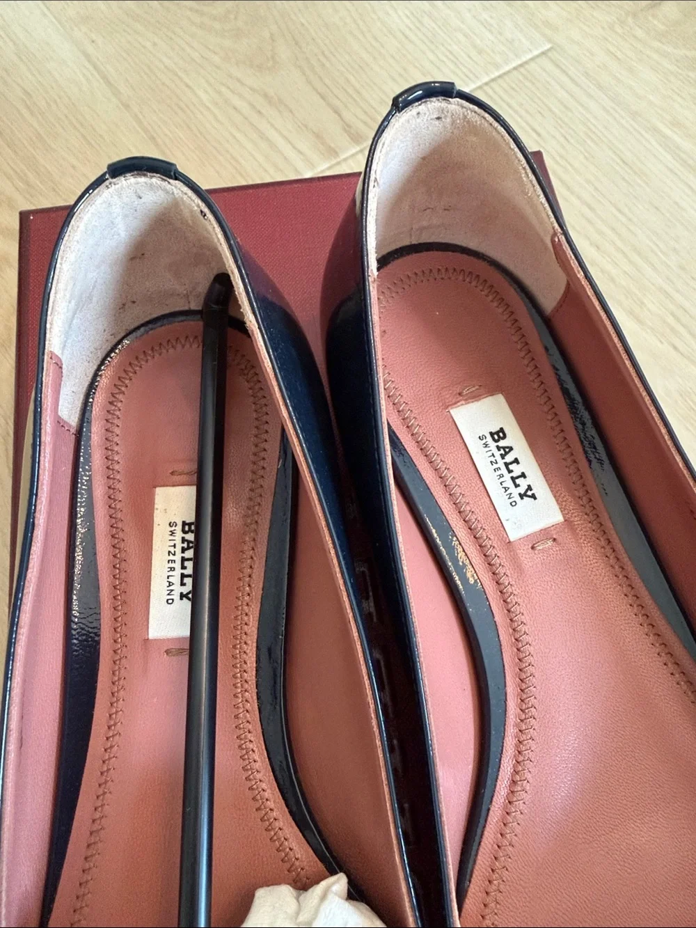 Bally Navy Lamb Patent Leather Square-Buckle Flats